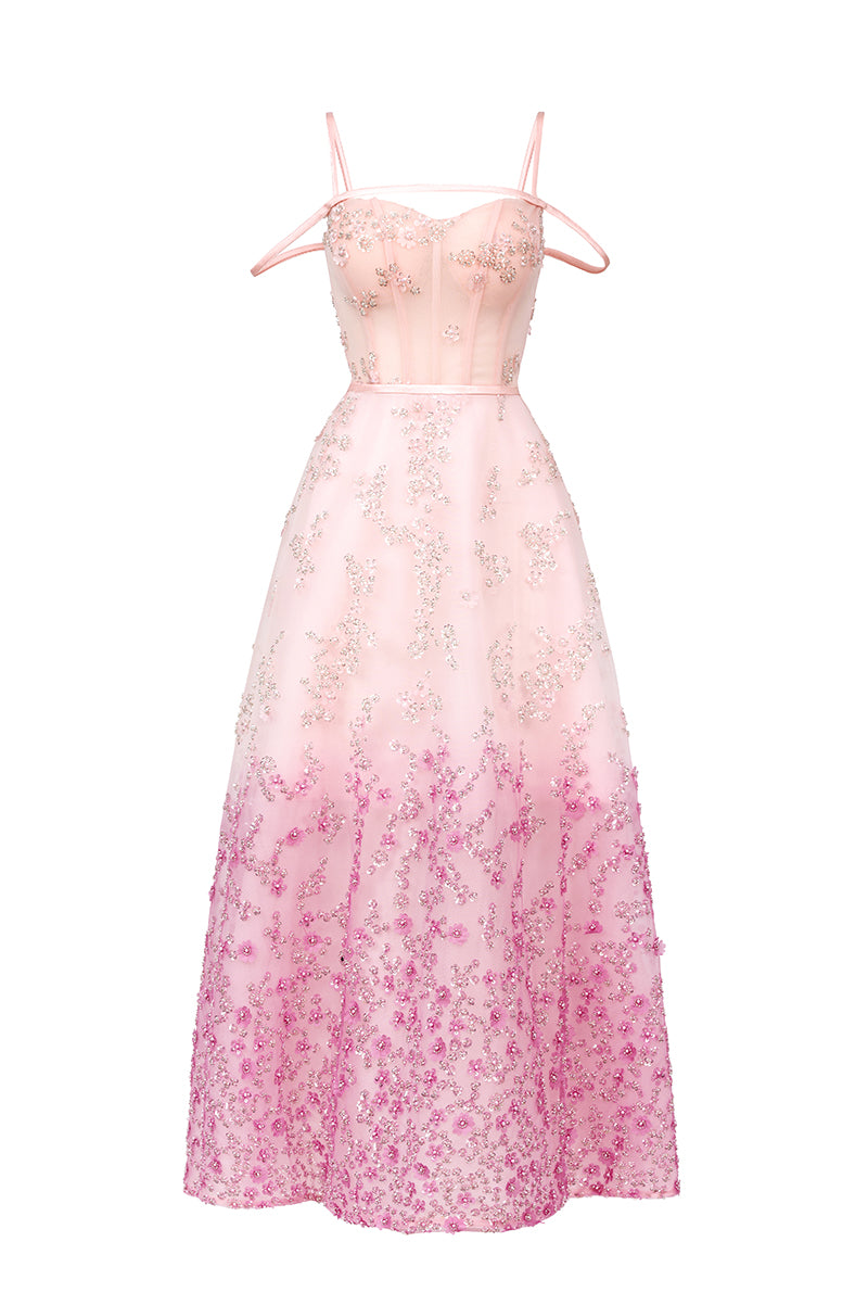 PINK OFF-SHOULDER EMBELLISHED MESH MIDI DRESS