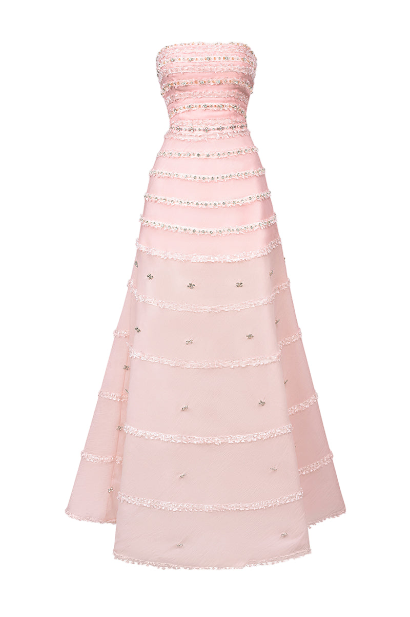 STRAPLESS A-LINE MAXI DRESS WITH CRYSTAL DETAILS