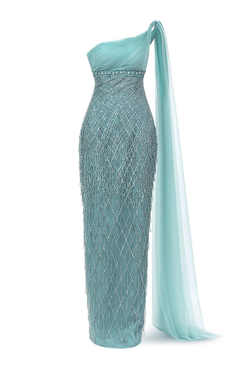 A-LINE ONE SHOULDER ORGANZA MAXI DRESS