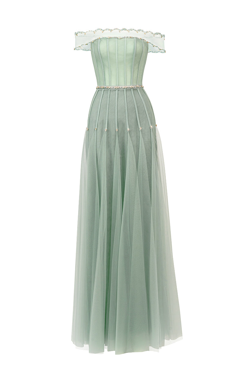 OFF-SHOULDER STONE MAXI DRESS