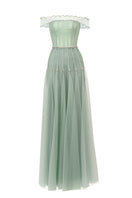 Elegant off-shoulder stone-colored gown by Happy Clothing, flowing fabric with a fitted bodice and draped sleeves.
