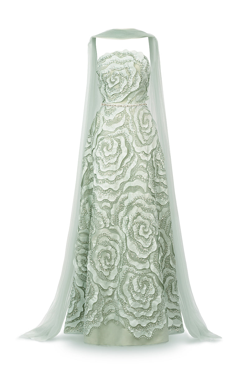 FLOWER WAVE A LINE MAXI DRESS WITH SCARF DETAIL