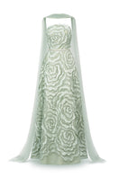 Elegant flower wave A-line gown with scarf detail by Happy Clothing, showcasing a flowing silhouette and stylish design.