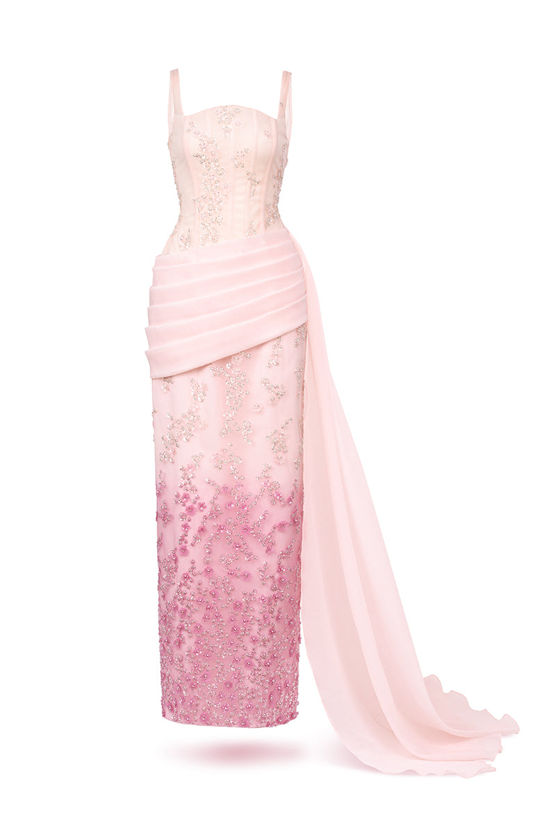 SQUARE NECK PLEATED WAIST STRAIGHT LONG DRESS