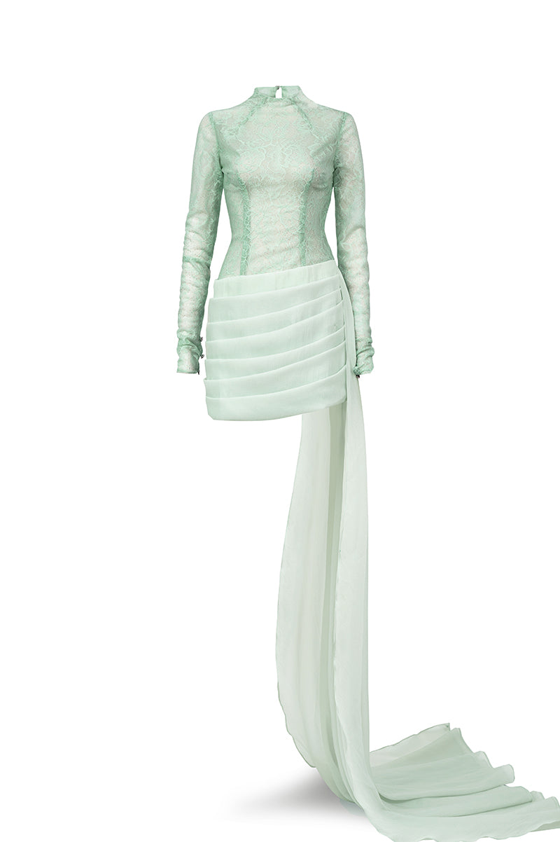 BODYCON LONG SLEEVED ORGANZA MINI DRESS