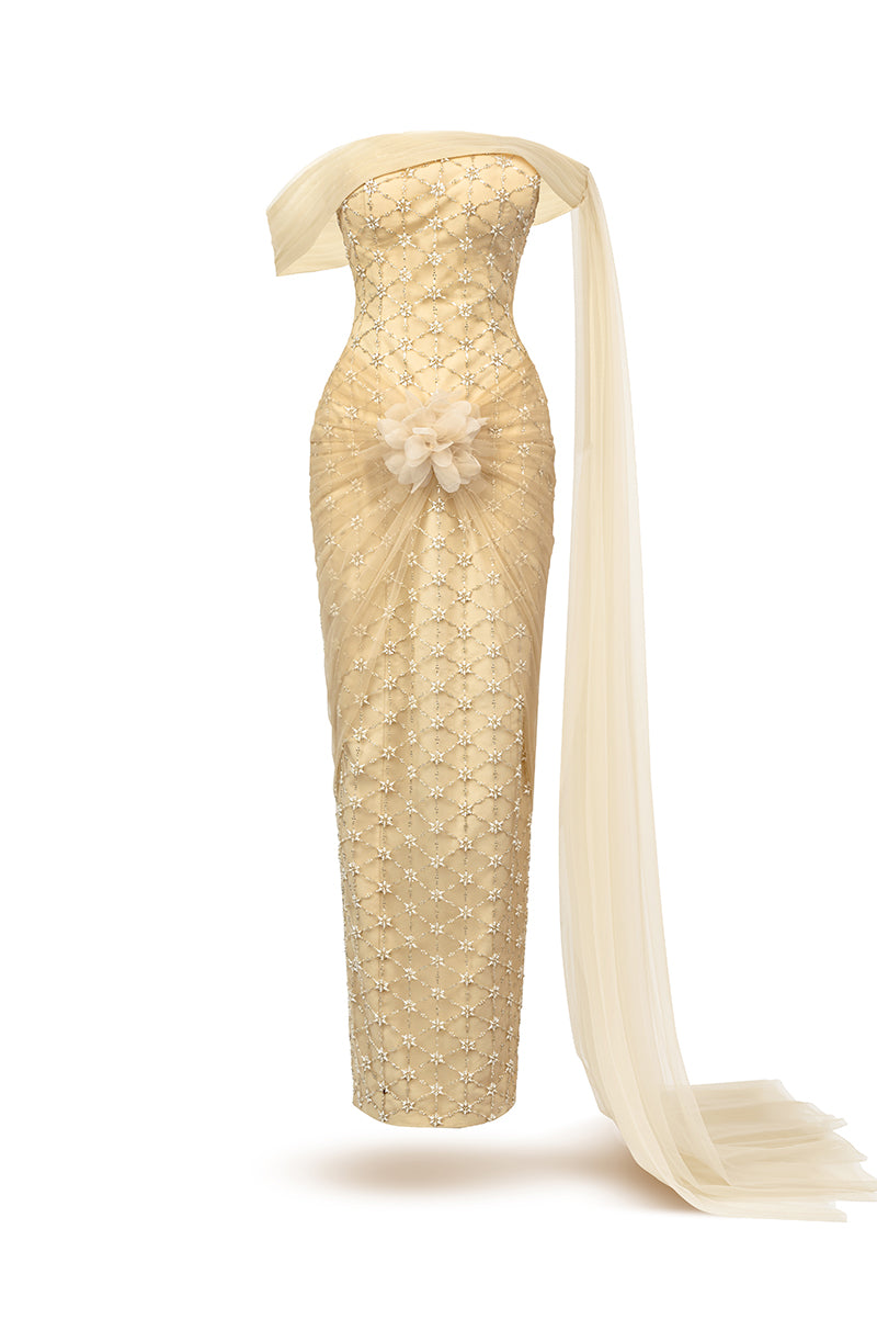 LIGHT TAN CRYSTAL MAXI DRESS