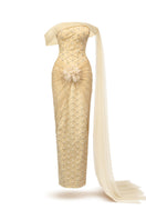 Light tan crystal gown from Happy Clothing, elegant formal evening gown with intricate crystal embellishments and flowing fabric.