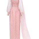 Elegant pearl-colored straight long gown with a scarf detail by Happy Clothing, featuring a flowing design and sophisticated style.
