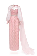 Elegant pearl-colored straight long gown with a scarf detail by Happy Clothing, featuring a flowing design and sophisticated style.