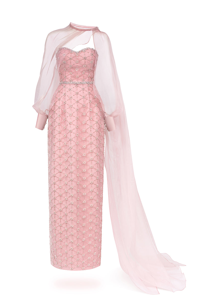 Elegant pearl-colored straight long gown with a scarf detail by Happy Clothing, featuring a flowing design and sophisticated style.