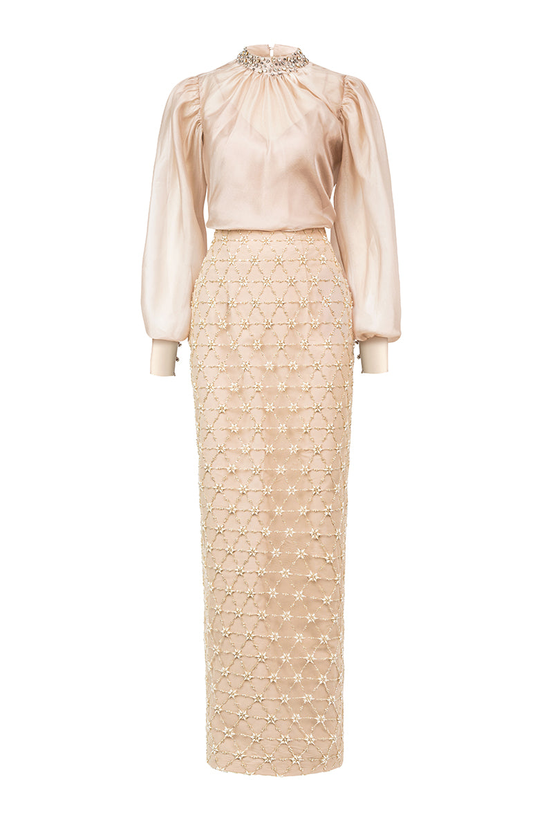 BEIGE LONG-SLEEVE WITH PEARL STONE DETAILS SET
