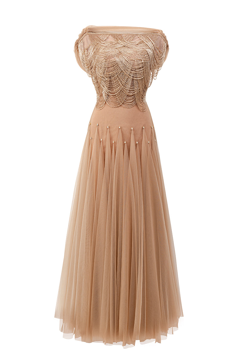 BROWN MESH SILK MAXI DRESS