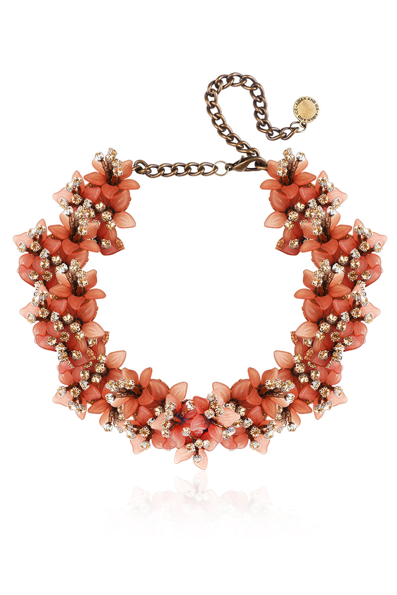 Aidan & Ice Peach Emilia Necklace featuring a delicate peach-colored pendant on a fine chain, elegant jewelry for women.