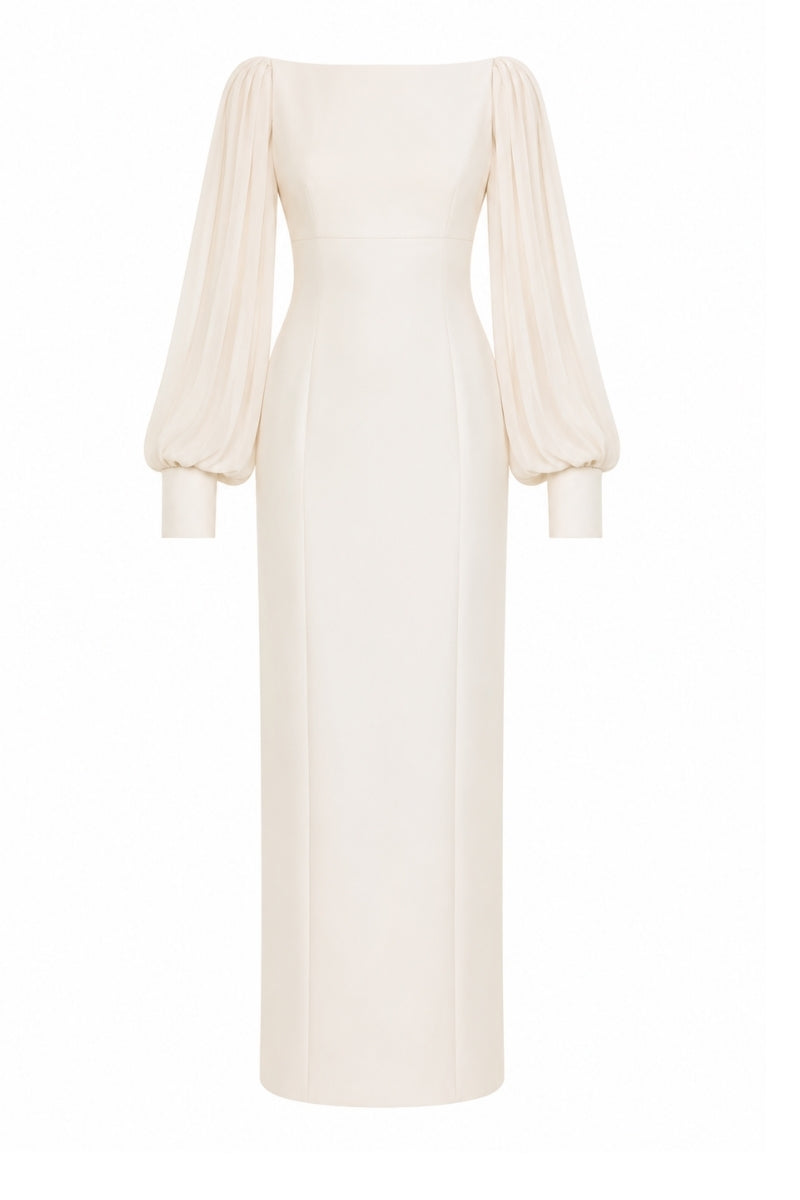 Nihan Peker NAVİGLİ gown featuring elegant fabric and intricate design, displayed on a dress form.