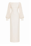 Nihan Peker NAVİGLİ gown featuring elegant fabric and intricate design, displayed on a dress form.