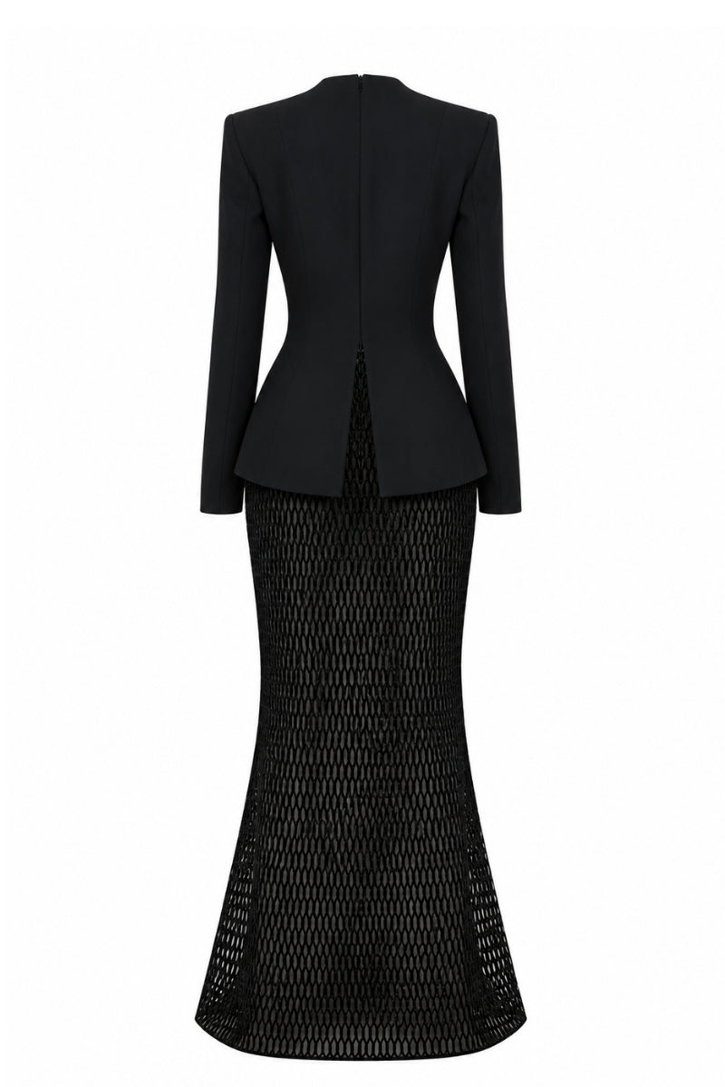 Nihan Peker BOBO long sleeve gown with elegant design, featuring soft fabric and a flowing silhouette, perfect for formal occasions.