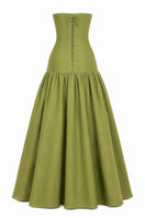 Nihan Peker Lizdress drop waist gown in flowing fabric with elegant design, showcased on a model against a neutral background.