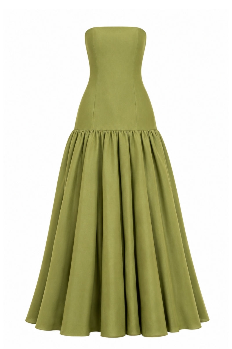 Nihan Peker LIZDRESS drop waist gown featuring flowing fabric and elegant design, perfect for formal occasions.