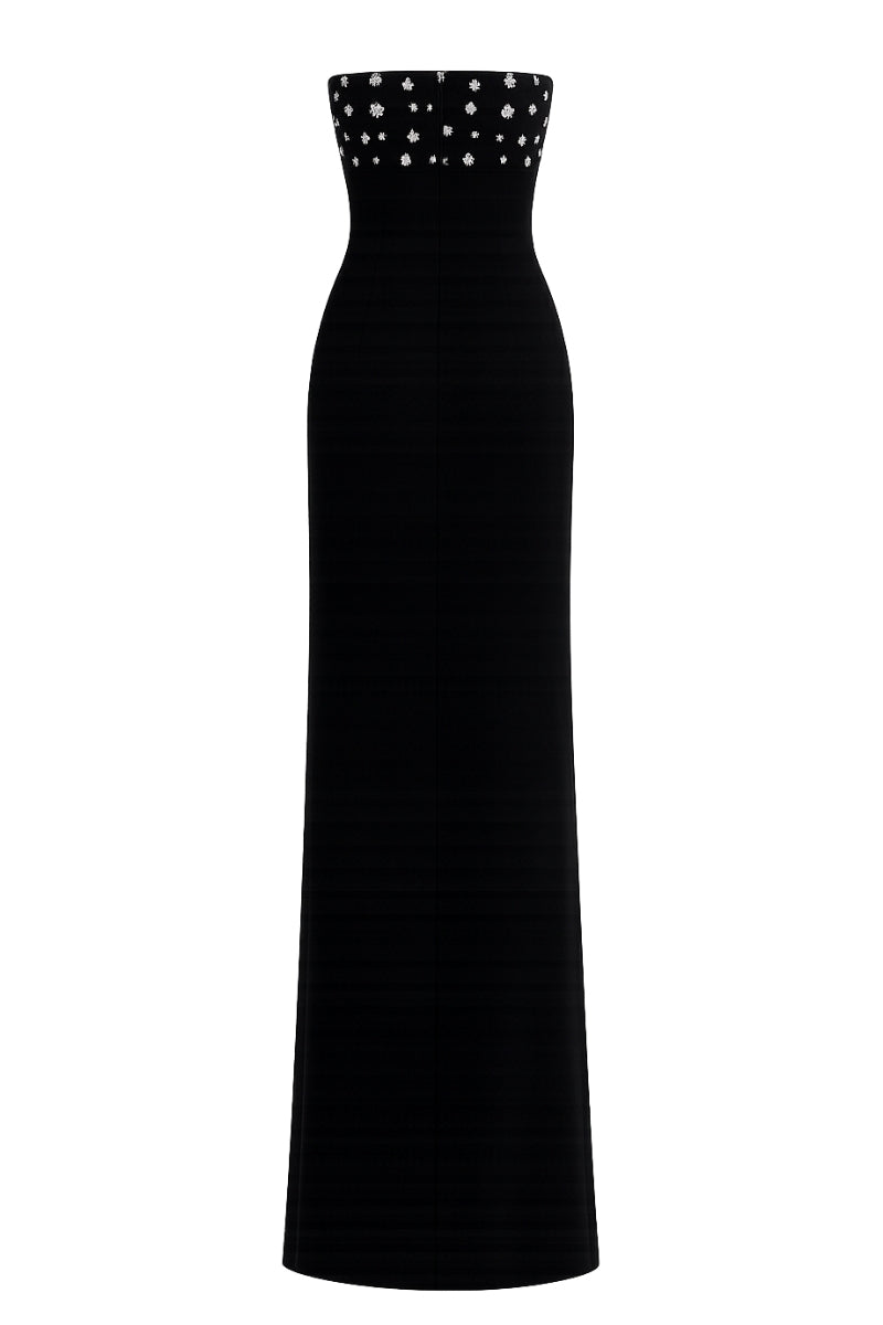 Nihan Peker Sabaa Black Gown featuring elegant long sleeves and flowing fabric, perfect for formal occasions.