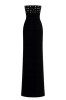 Nihan Peker Sabaa Black Gown featuring elegant long sleeves and flowing fabric, perfect for formal occasions.