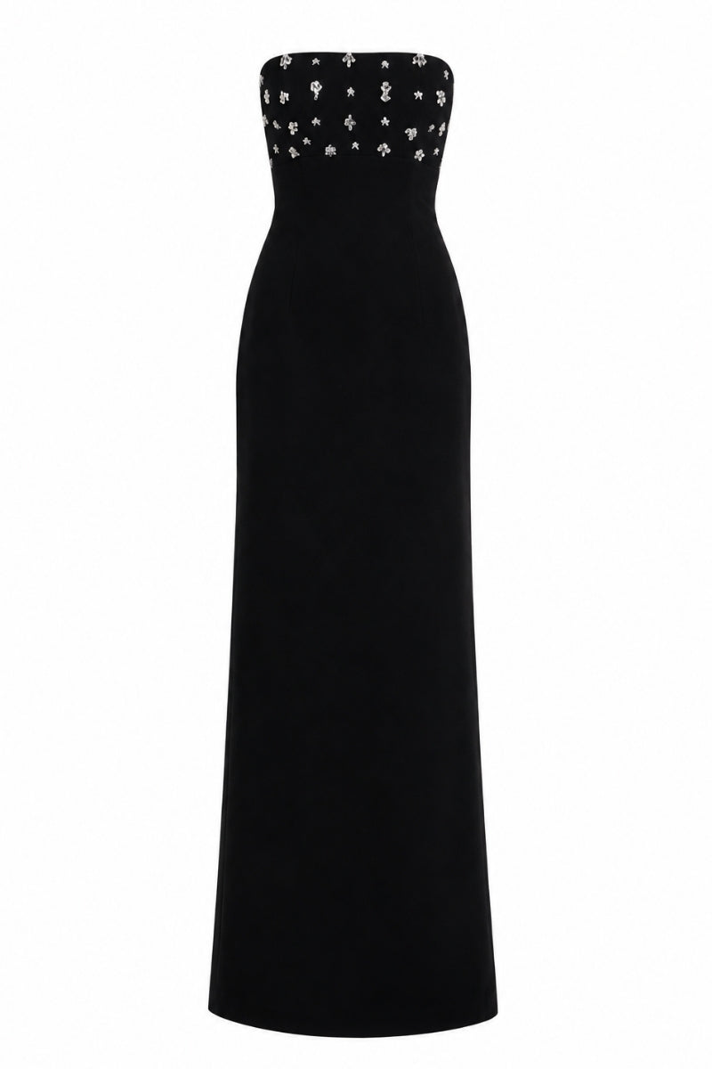 Nihan Peker Sabaa Black Gown with elegant long sleeves and flowing fabric, perfect for formal occasions.