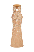 Golden-brown tweed co-ord set by Phan Huy, featuring a stylish two-piece dress with a fitted top and matching skirt.