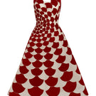 Front view of Phan Huy A-line sheer tulle gown with red velvet fabric cuts, elegant and flowing design for special occasions.