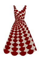 Front view of Phan Huy A-line sheer tulle gown with red velvet fabric cuts, elegant and flowing design for special occasions.
