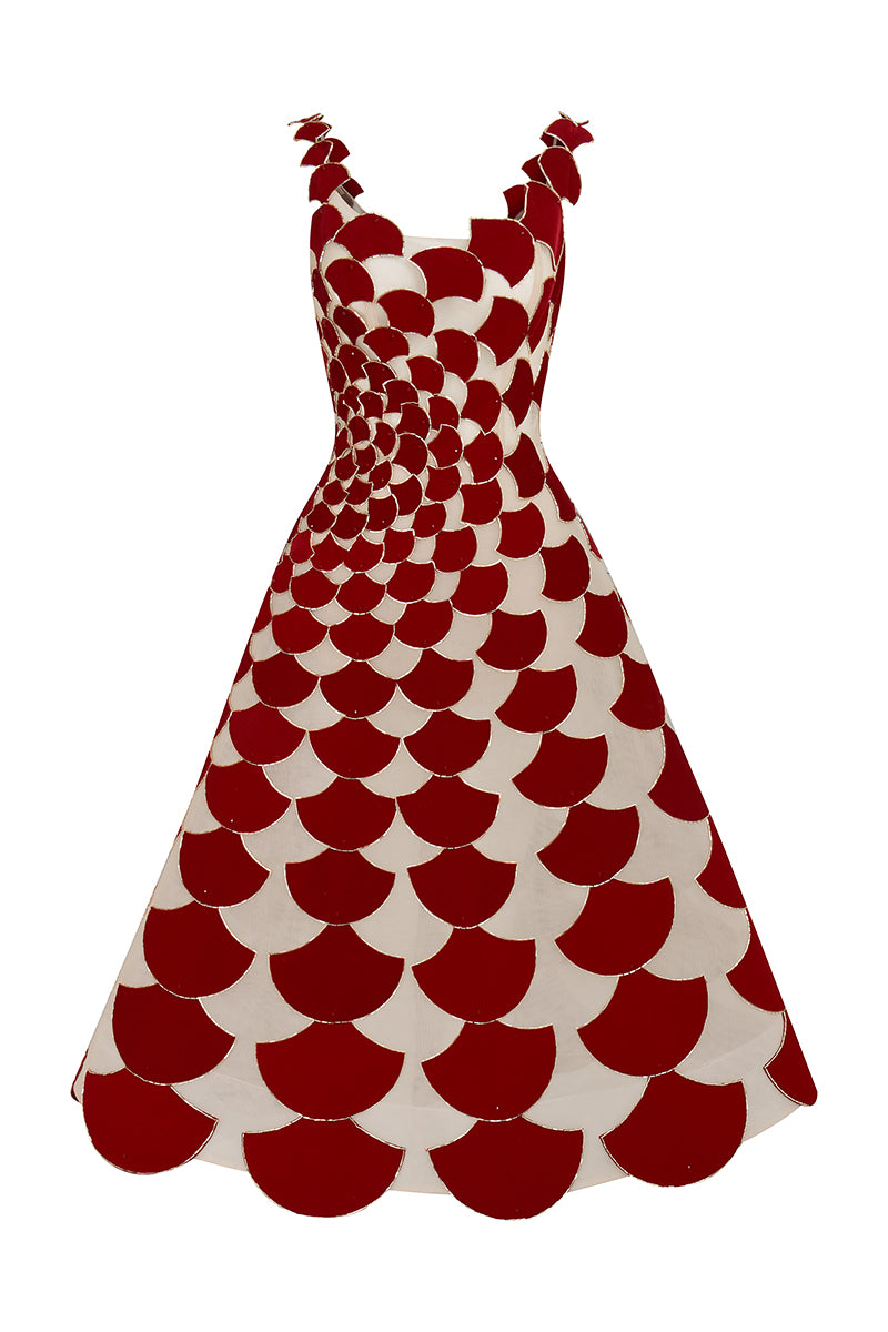 Front view of Phan Huy A-line sheer tulle gown with red velvet fabric cuts, elegant and flowing design for special occasions.