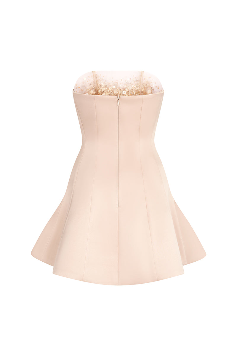 NUDE SHEER TULLE MINI DRESS WITH CRYSTAL EMBROIDERY - CULT MIA
