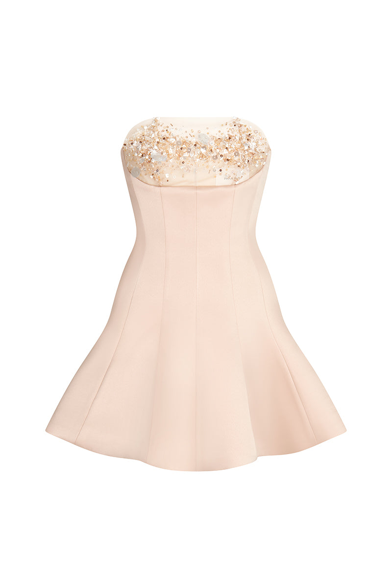 NUDE SHEER TULLE MINI DRESS WITH CRYSTAL EMBROIDERY - CULT MIA