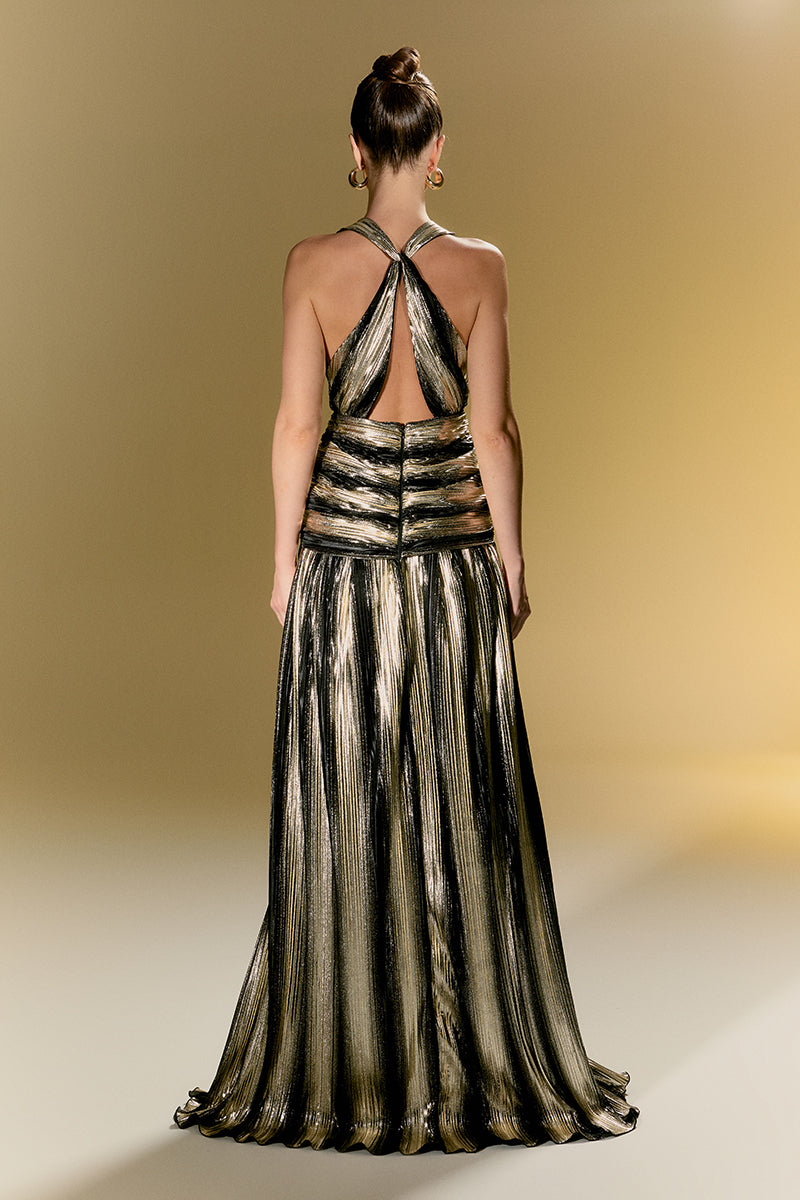 Elegant Louvre Palace gown by Nur Karaata featuring intricate detailing and flowing fabric, perfect for formal occasions.