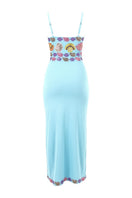 Oceanus New York Strapped Blue Maxi Dress featuring a flowing design and adjustable shoulder straps.