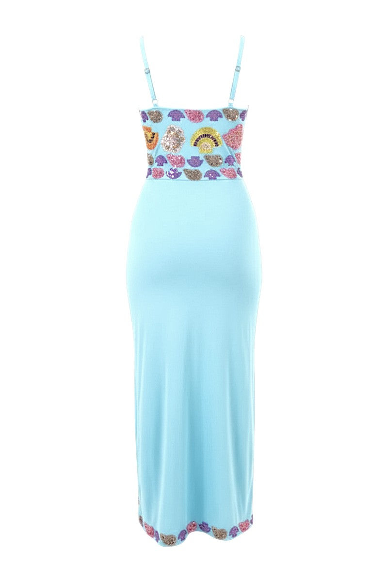 Oceanus New York Strapped Blue Maxi Dress featuring a flowing design and adjustable shoulder straps.