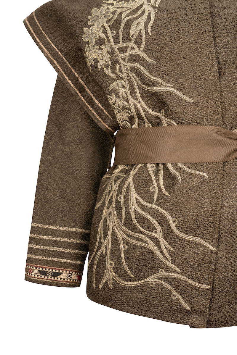 Nadya Shah Arcadian tie belt jacket featuring a stylish design with a tie belt, tailored fit, and modern jacket details.