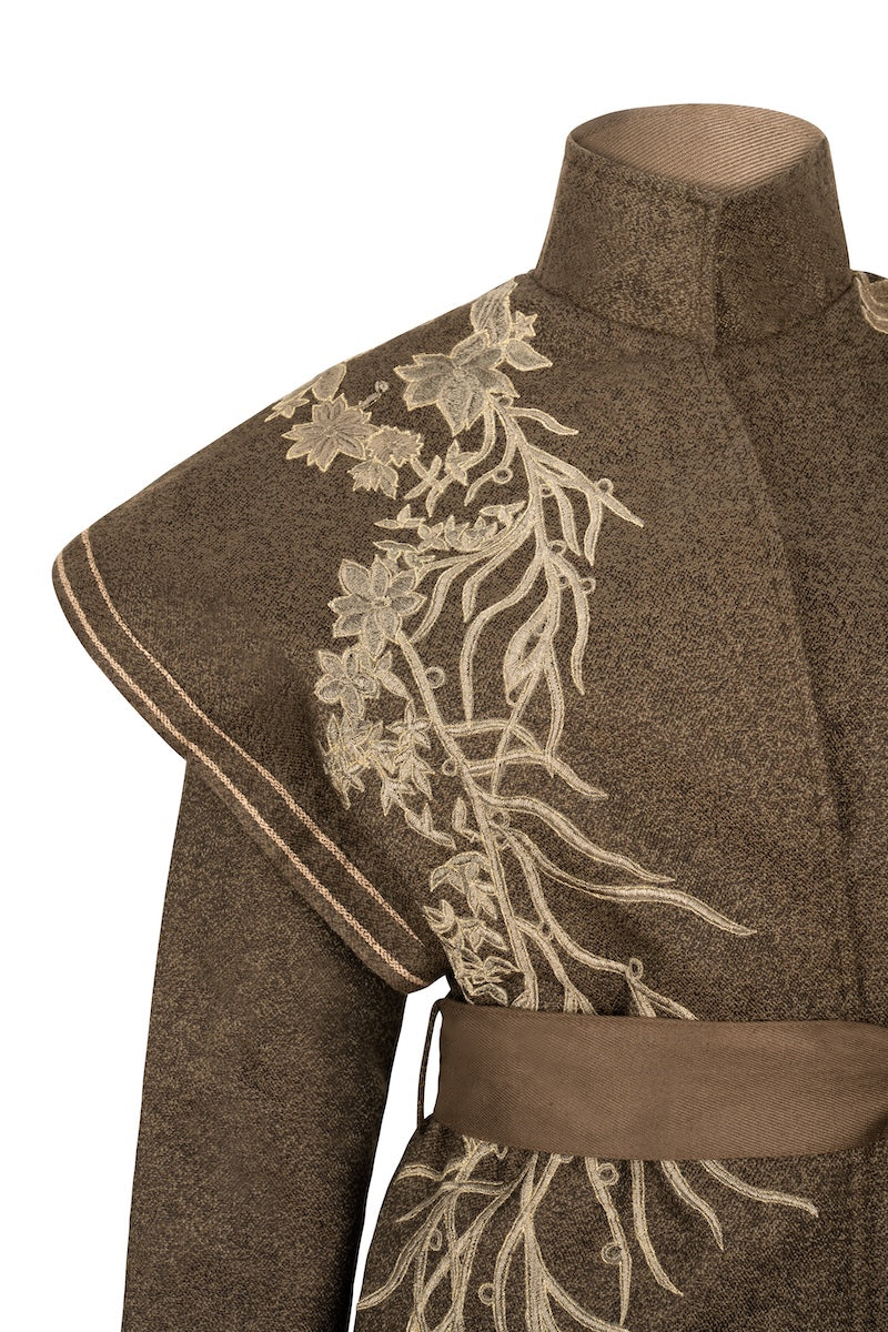 Nadya Shah Arcadian tie belt jacket featuring a stylish design, with a tied belt at the waist and a sleek, modern silhouette.