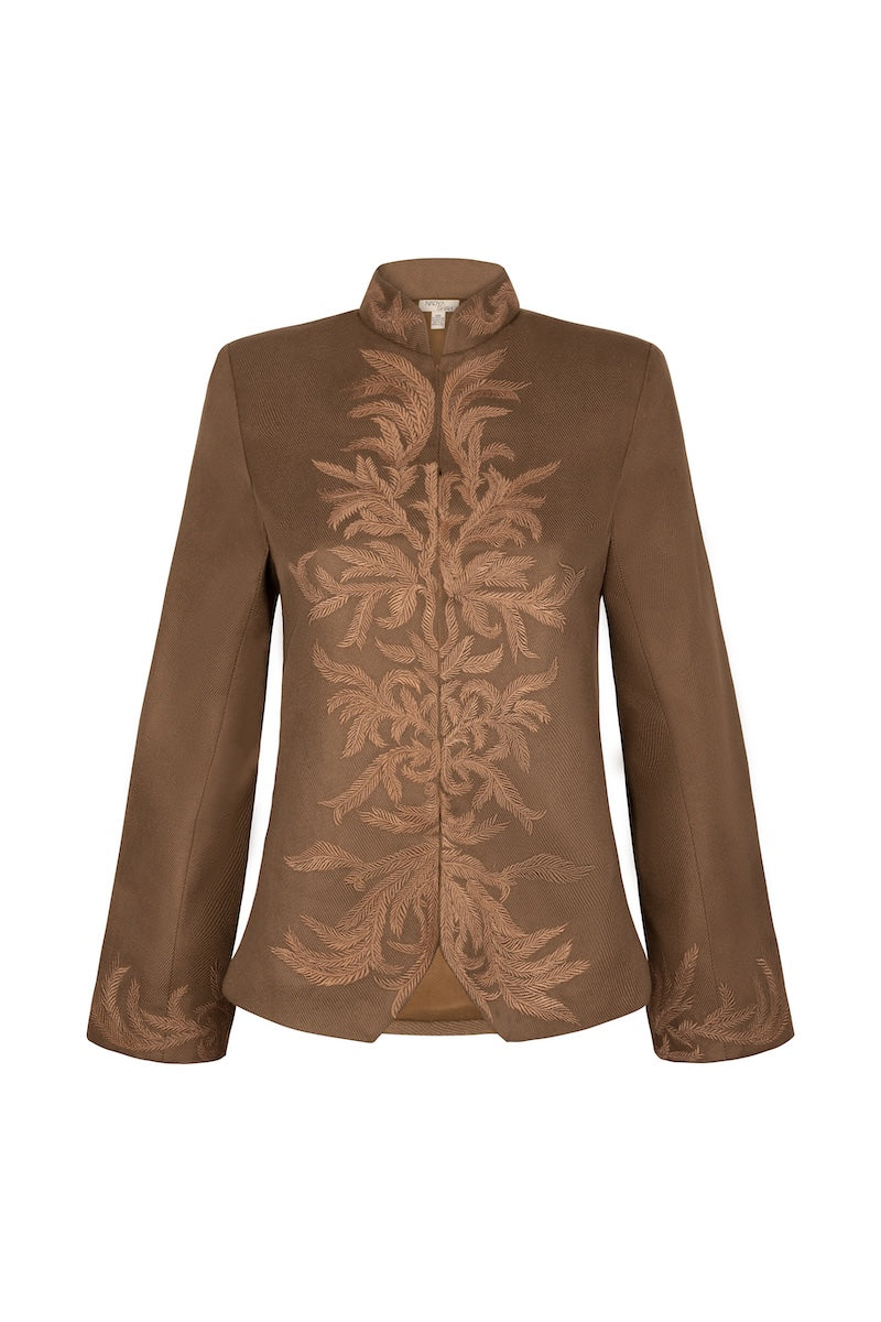 Nadya Shah Odessa jacket, stylish women's outerwear with a tailored fit, shown in a neutral color on a hanger.