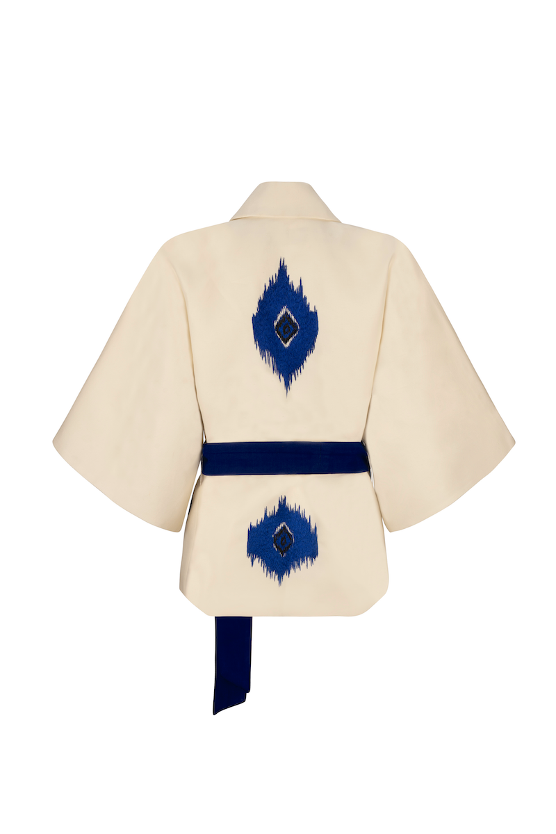 Nadya Shah TYCHEE blue jacket with a relaxed fit, featuring a zip front and stylish collar, perfect for casual wear.