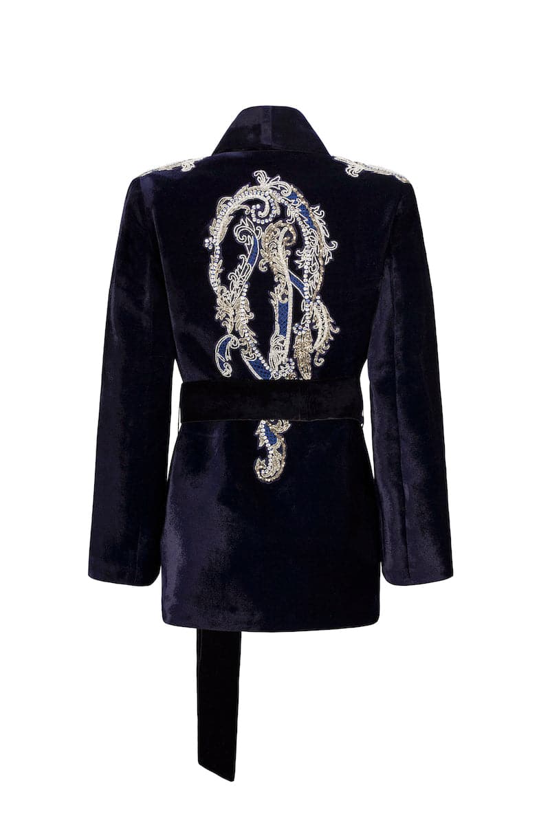 MANAL MIDNIGHT BLUE VELVET SMOKING JACKET - CULT MIA