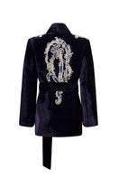 Nadya Shah midnight blue velvet smoking jacket with satin trim, featuring a tailored fit and luxurious fabric for elegant style.