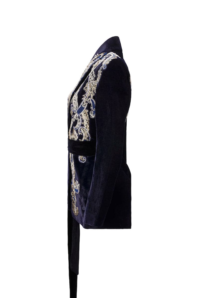 MANAL MIDNIGHT BLUE VELVET SMOKING JACKET - CULT MIA