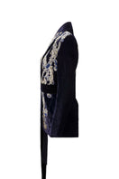 Nadya Shah midnight blue velvet smoking jacket with shawl collar and satin trim, stylish and luxurious men's fashion outerwear