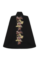 Black Wisteria Cape jacket by Nadya Shah featuring flowing fabric and elegant design, perfect for stylish layered looks.