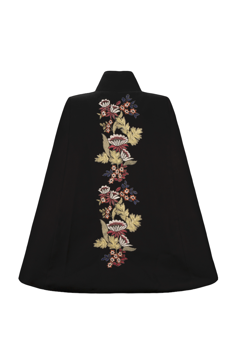 Black Wisteria Cape jacket by Nadya Shah featuring flowing fabric and elegant design, perfect for stylish layered looks.
