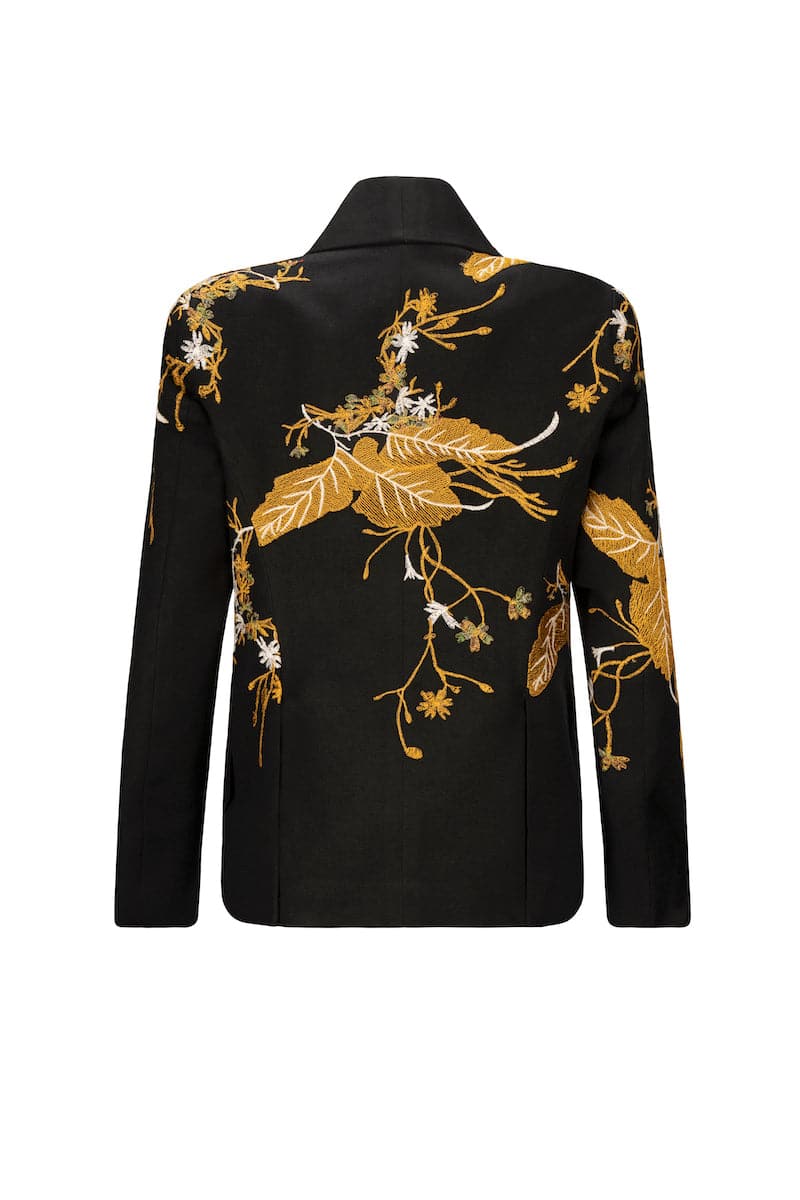 Nadya Shah INES in the Golden Age blazer, stylish tailored blazer in a rich gold hue, front view with lapel details.