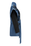 Nadya Shah twist denim jacket featuring classic blue denim, button closure, and stylish collar, displayed on a white background.