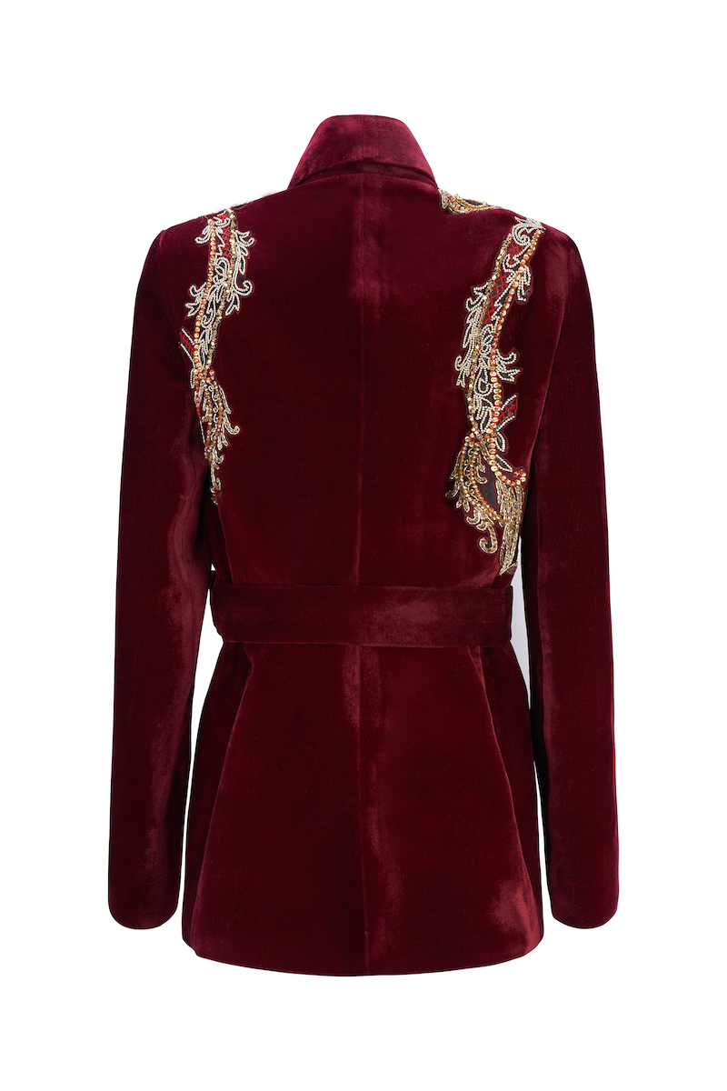 Nadya Shah brown smoking jacket with textured fabric and shawl collar, stylish men's jacket for casual or evening wear.