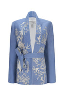 Nadya Shah Nyla powder blue belted jacket with long sleeves and front tie, stylish outerwear for women.