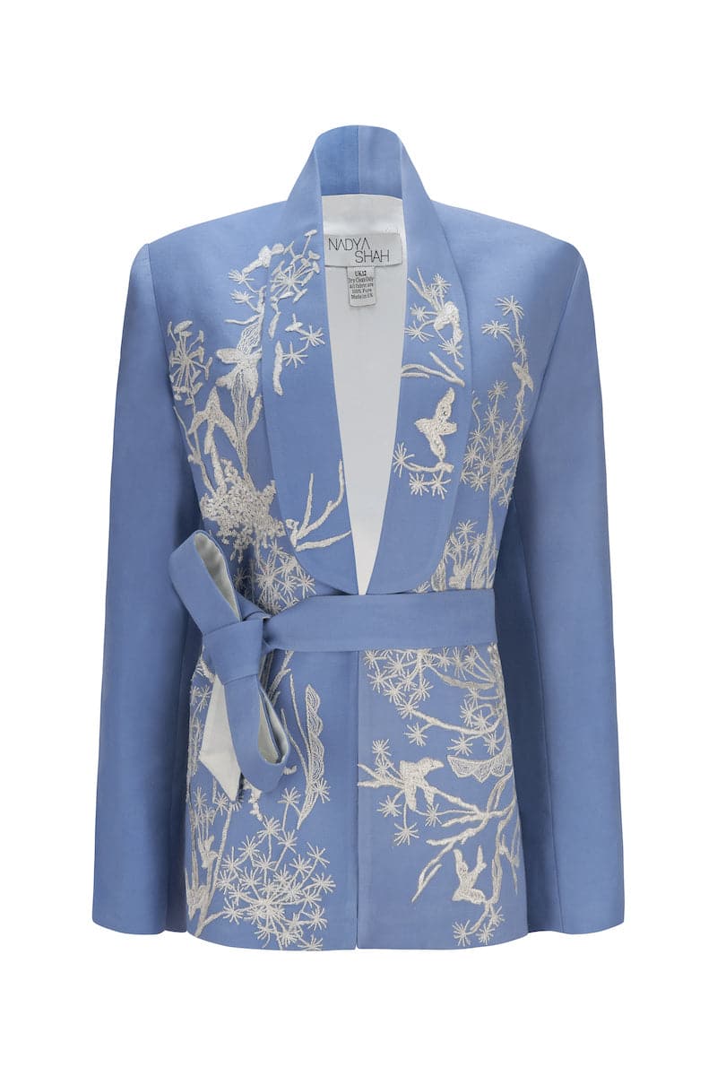 Nadya Shah Nyla powder blue belted jacket with long sleeves and front tie, stylish outerwear for women.