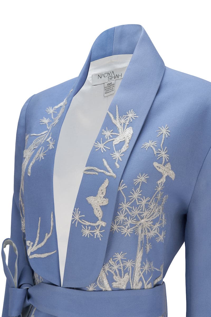 Nadya Shah NYLA powder blue belted jacket with long sleeves and waist belt, stylish outerwear for women.